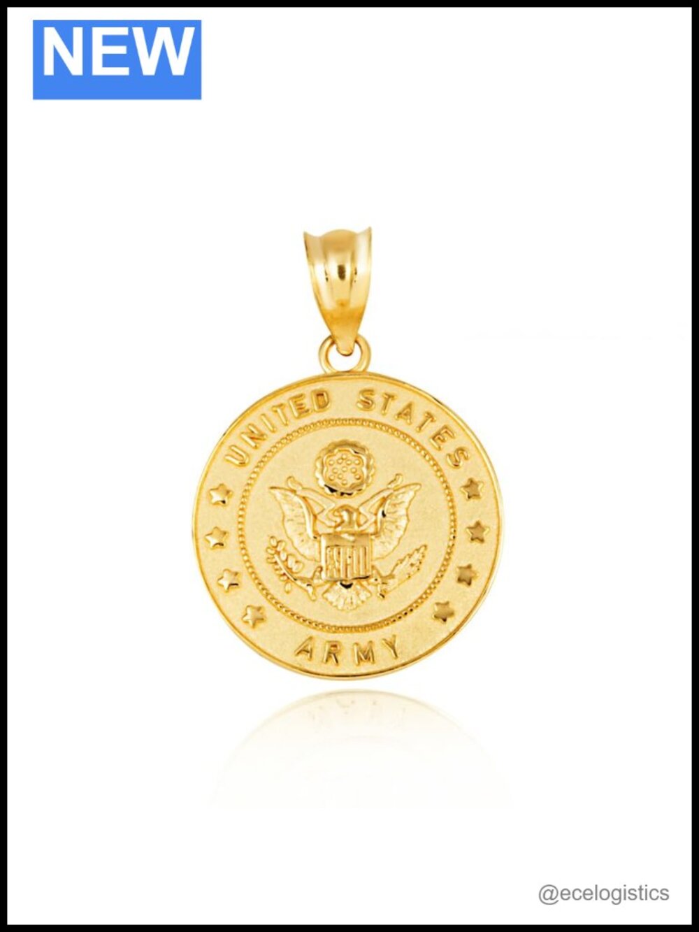 Solid 14Kt Gold Army Eagle Emblem Medallion Pendant Necklace